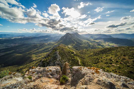 View of Aude Valley and Landscape from Queribus Cathar Castle Tower on a Sunny Day in France