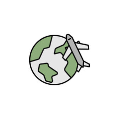 airplane around earth line colored icon. Signs and symbols can be used for web, logo, mobile app, UI, UX on white background