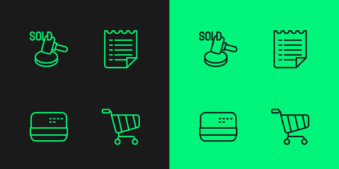 Set line Shopping cart, Credit card, Auction hammer and Wish list template icon. Vector
