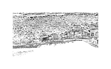 Building view with landmark of Loutraki is the 
municipality in Greece. Hand drawn sketch illustration in vector.