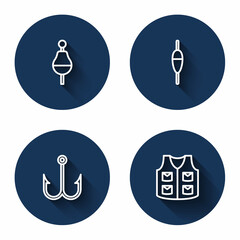 Set line Fishing float, hook and jacket with long shadow. Blue circle button. Vector