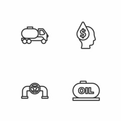 Set line Oil tank storage, pipe with valve, Tanker truck and drop dollar symbol icon. Vector