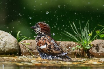 The house sparrow bathes in the water of a bird watering hole. Moravia. Europe.