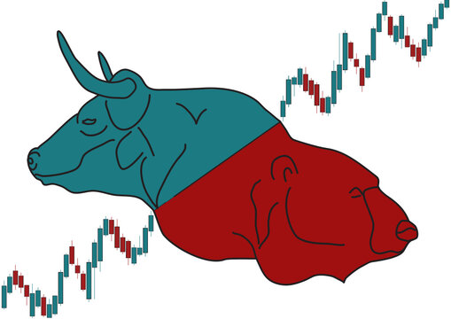 Vector Design of a Bull and Bear on the Stock Market with candlestick pattern