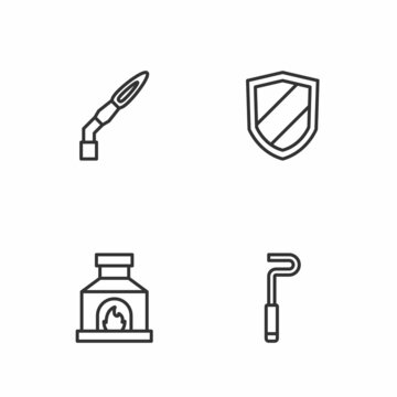 Set line Fire poker, Blacksmith oven, Welding torch and Shield icon. Vector