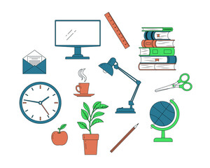 A set of home education objects. Color vector illustration, outline style. White isolated background.