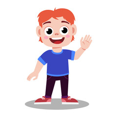 a red-haired boy in a blue T-shirt and red sneakers waves and greets