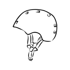 Safety bike helmet hand drawn black and white vector illustration. Retro headwear, casque sketch. Cycle accessory monochrome design element. Vintage bicycle headgear isolated on white background