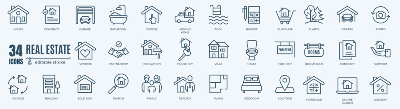Real Estate minimal thin editable line web icon set. Included the icons as rent, property, mortgage, home loan and more. Outline icons collection. Simple vector illustration