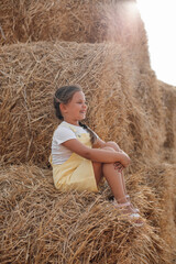 Naklejka na ściany i meble Portrait of sitting girl on high haystack smiling with teeth looking somewhere far away wearing sundress. Having fun away from city on field full of golden hay.