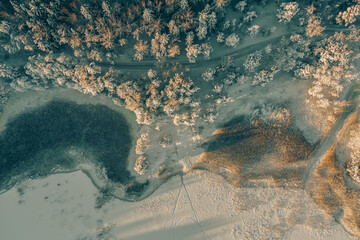 Aerial view of winter forest covered in snow. Winter landscape. Trees in the snow. Frosty forest. Nature