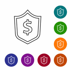 Black line Shield with dollar symbol icon isolated on white background. Security shield protection. Money security concept. Set icons in color circle buttons. Vector