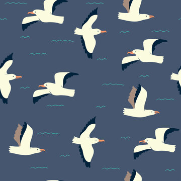 Seamless marine pattern with seagulls. Vector graphics.