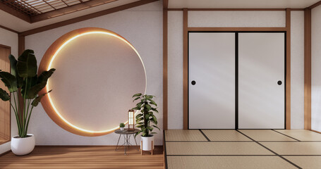 Circle shelf wall design, empty room japanese deisgn with tatami mat floor. 3D rendering.