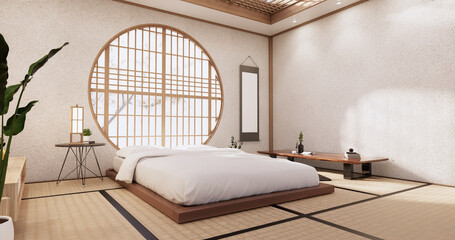 The bed room, japanese Minimalist style.3D rendering