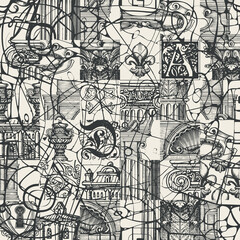 Abstract seamless pattern with hand-drawn architectural fragments and chaotic scribbles. Monochrome vector background in grunge style. Graphic print for wallpaper, wrapping paper or fabric design
