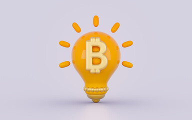 Bitcoin with light bulb glossy bright realistic sign on white background 3d render concept