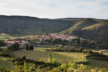 Cucugnan Village and its Windmill and Rolling Landscape in Corbières Region France