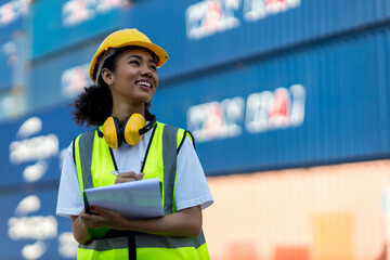 Foreman or worker hand holding checklist for writing and checking in goods in container at...