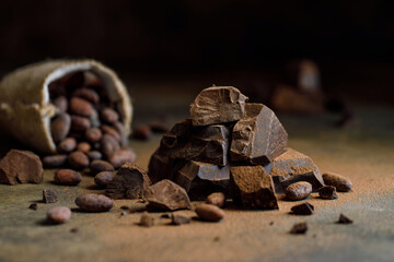 Pieces of dark chocolate with cocoa beans on brown background.	
