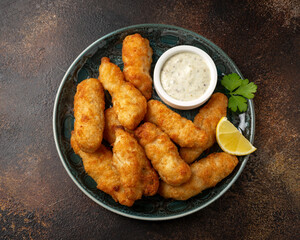 Crispy Fish strips with tartar sauce in a plate