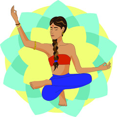 A girl does yoga on the background of a flower. One of the poses of a set of exercises. An isolated figure. Vector.