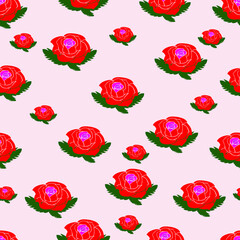 Naklejka premium seamless pattern red roses with green leaves for decorating textile packaging
