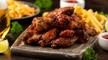 Buffalo chicken wings with beer, french fries on wooden board. fast food