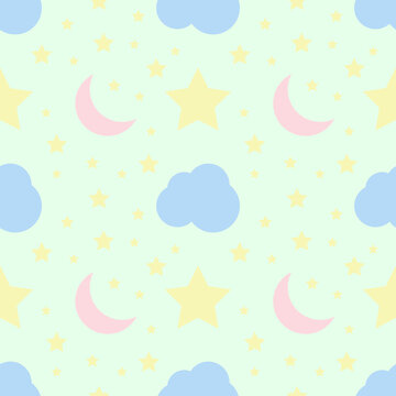 cloud and crescent moon with star seamless pattern background. good night cartoon concept for kid's bedroom decoration and fabric and paper graphic design printing
