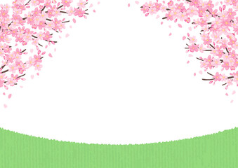 桜と草原のイラスト　背景素材　