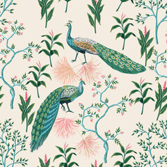Vintage garden tree, peacock, palm leaves floral seamless pattern light background. Floral chinoiserie wallpaper.