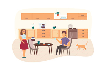 Couple having breakfast in kitchen scene. Woman and man eat and drink coffee together. Cooking food at home, family and relationships concept. Illustration of people characters in flat design