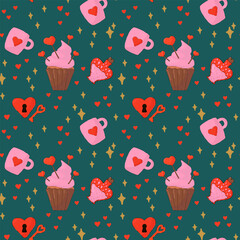 Background with elements of Love. Vector pattern for Valentine's Day. Hearts, bottle, cup, cupcake of Love for textiles. Vector illustration