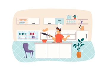 Man cooking pancakes in kitchen scene. Happy guy preparing dough in bowl and making breakfast on stove. Household and daily routine concept. Illustration of people characters in flat design