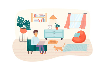 Freelancer works at home scene. Man sits in chair with laptop and cat in living room. Freelance, remote work, comfortable workplace concept. Illustration of people characters in flat design