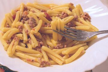 Italian Pasta Casarecce With Minced Meat And Tomatoes