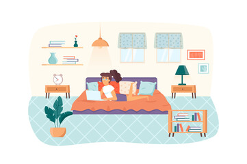 Woman freelancer working at laptop, lying on bed in bedroom at home scene. Freelance, remote work, self employed, comfy workplace concept. Illustration of people characters in flat design