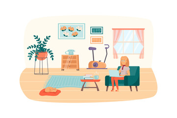 Fototapeta premium Freelancer works at laptop scene. Woman sitting on armchair in living room. Home office interior. Freelance, remote work, self employed concept. Illustration of people characters in flat design