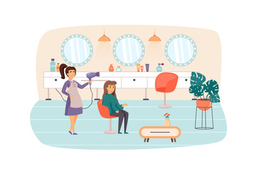 Woman visiting Beauty Salon scene. Hairstylist doing haircut and hairstyle for female client. Cosmetology procedures of hair care concept. Illustration of people characters in flat design