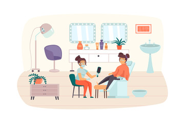Woman visiting Beauty Salon scene. Female client getting pedicure. Beautician makes caring procedures for feet. Cosmetology, skin care concept. Illustration of people characters in flat design
