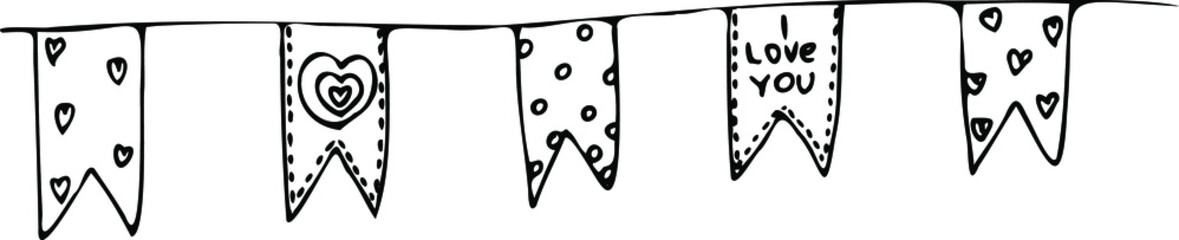 hand drawing contour heart garland flags for decoration . Love pattern, postcard, abstract heart background.  hearts Happy Valentine's Day 14 February. Background for invitations and