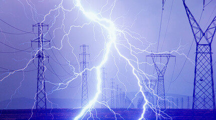High voltage power line with amazing  lightning