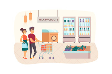 Couple shopping at supermarket scene. Man and woman buying milk products in grocery store. Family daily routine, retail and sales concept. Illustration of people characters in flat design
