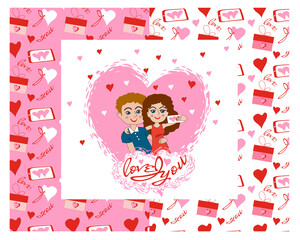 Fototapeta na wymiar Vector set illustration for Valentines Day Valentine's Day loving couple taking selfies on pink heart background and 2 patterns in set