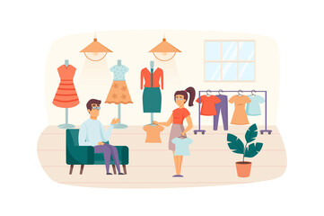 Couple shopping in clothing store scene. Man and woman in fitting room choosing stylish clothes. Buyers at boutique, retail and sales concept. Illustration of people characters in flat design
