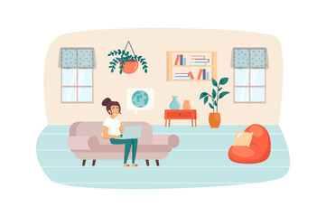 Woman studying using laptop sitting on couch in living room scene. Online education, e-learning, home schooling, distance learning concept. Illustration of people characters in flat design