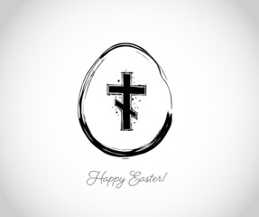 Easter greeting card in simple minimalist style with crucifix. Christian cross in easter egg on white background.