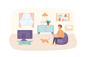 Man studying using laptop sitting on bag chair with cat in living room scene. Online education, e-learning, distance homeschooling concept. Illustration of people characters in flat design