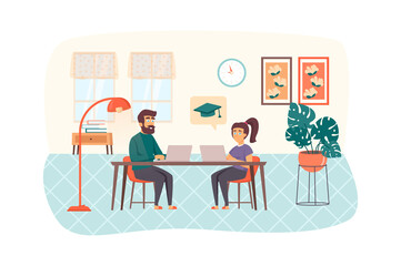 Fototapeta na wymiar Couple studying using laptop sitting at table in room scene. Man and woman engaged online education. E-learning, distance homeschooling concept. Illustration of people characters in flat design