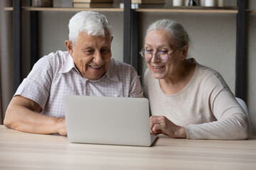 Loving smiling elderly senior married family couple looking at laptop screen, learning email with amazing good news, watching funny video or movie online, communicating in social network or shopping.